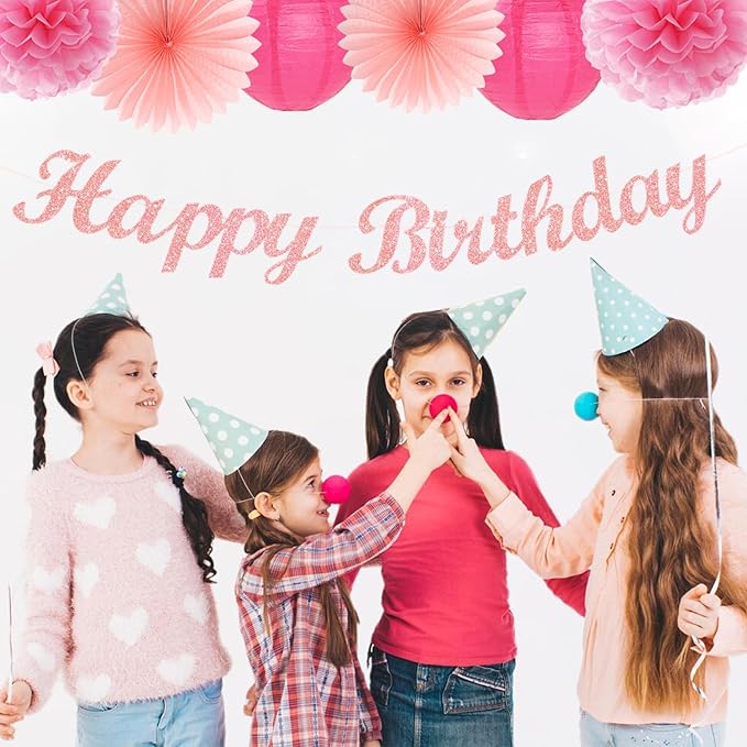 Hot Pink Birthday Party-Decorations Paper-Flowers - 14pcs Happy Banner Girl Lanterns Tissue Pom Poms,Women Streamers Garland Fans,21st 18th Princess Baby Sweet 16 Pretty Hanging Supplies Decor Hugfond