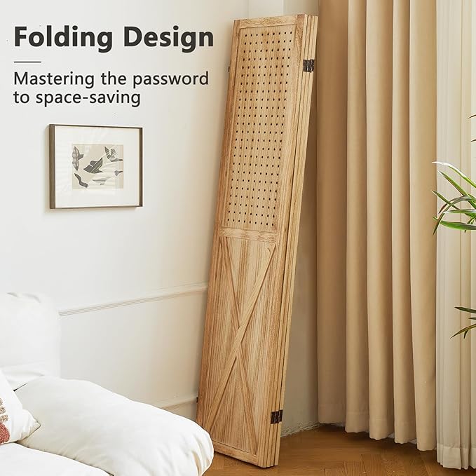 4 Panel Pegboard Wood Room Divider, 5.6Ft Pegboard Display Folding Privacy Screens, Peg Board Display Freestanding for Trade Show Craft Show Home Wall Organizer, Light Brown