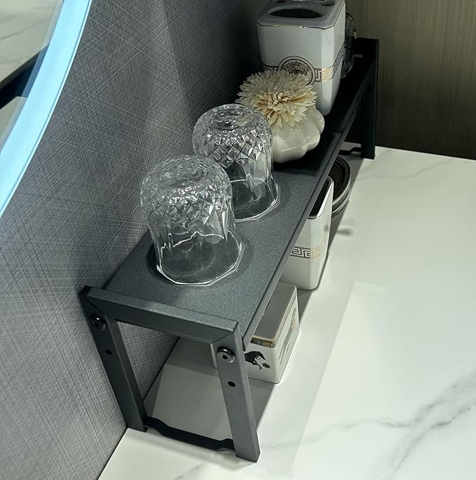 Expandable Cabinet Shelf Organizer 16-26" L Stackable Kitchen Counter Shelf Rack Stand Sink Riser Countertop Storage Black (Narrow 5.1”D)