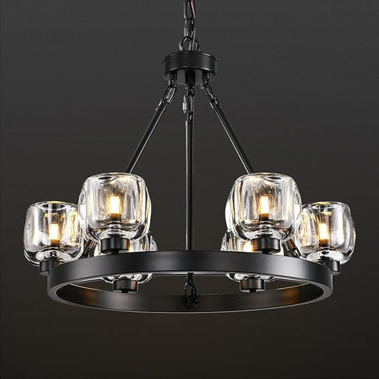 Black Wagon Wheel Chandelier, 24 Inch Black Chandeliers with Unique Glass Shade, 6-Light Crystal Farmhouse Wagon Wheel Chandeliers for Dining Room, Round Chandelier for Living Room, Foyer, Entryway
