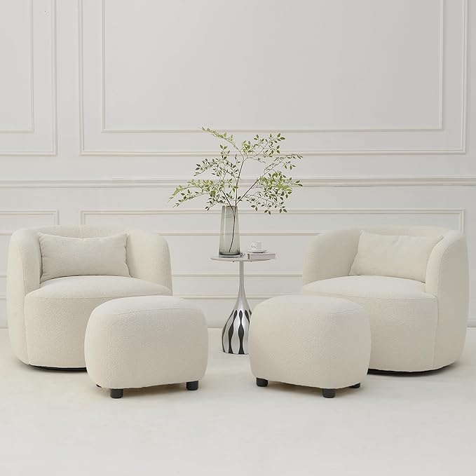 KINWELL 34" Wide 2 Boucle Swivel Barrel Chairs and 2 Ottomans Set, Fully Assembled Sherpa Accent Chairs and Footrest Set, Modern Comfy Armchairs and Footstool for Living Room and Bedroom, Beige