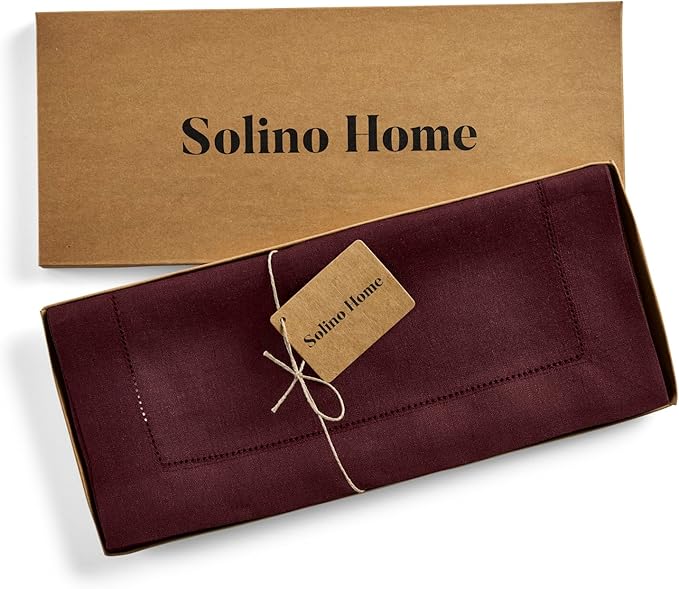 Solino Home Linen Table Runner 48 Inches - 100% Pure Linen Burgundy Hemstitch Table Runner 14 x 48 Inch Ideal for Dresser and Coffee Tables - Fall, Autumn, Thanksgiving - Classic Hemstitch
