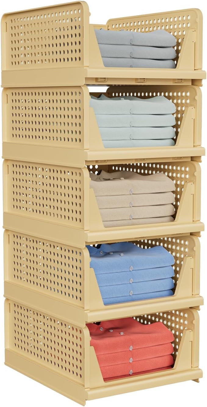 5 Pack Stackable Closet Storage Basket - Stackable Storage Bins, Multifunctional & Foldable Closet Organizer, Wardrobe Cupboard Space-Saving Hat Storage Drawer Organizer, Yellow