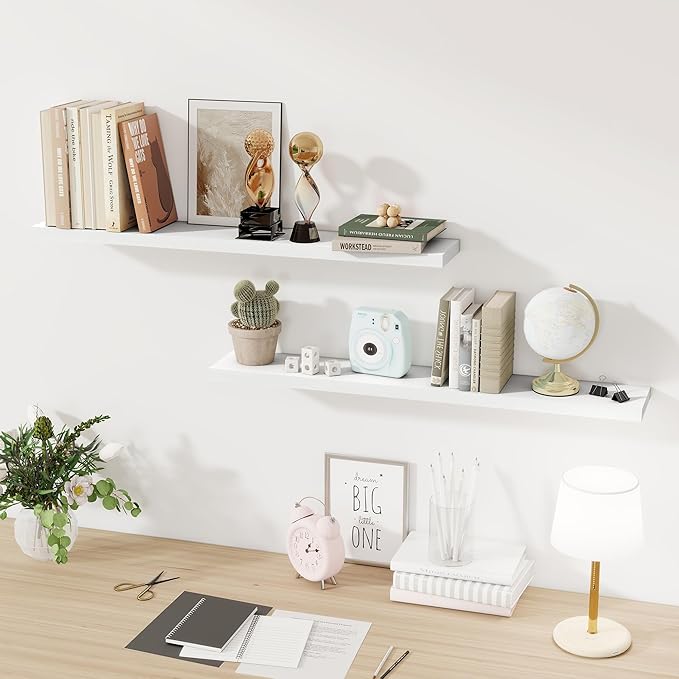Floating Shelves for Wall, 40 Inch Floating Shelves for Home Decor, Wall Mounted Rustic Wood Shelves, Bathroom, Hanging Deep Shelf for Bedroom, Living Room, Kitchen (White, Set of 2)