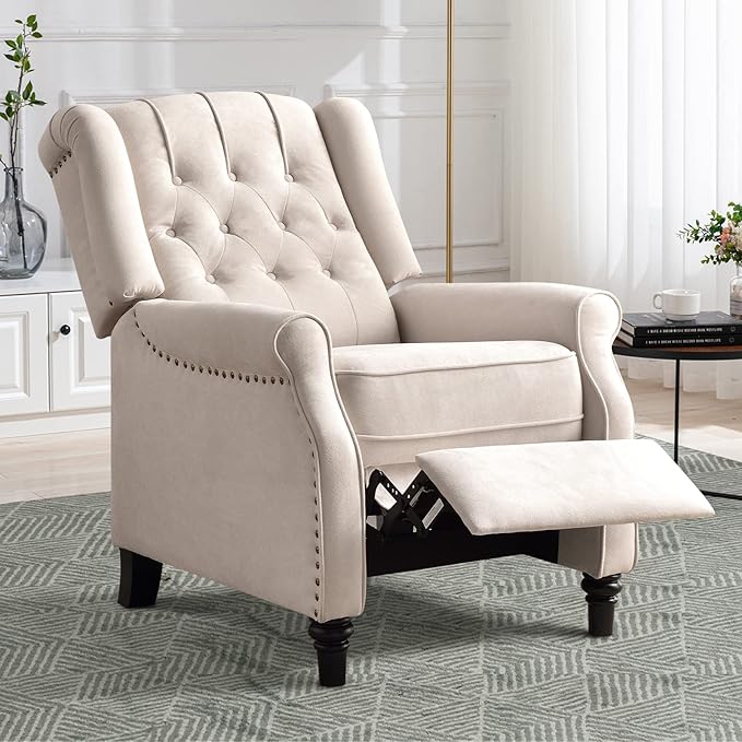 CANMOV Push Back Recliner Chair,Accent Chair,Mid Century Wingback Recliner, Fabric Push Back Recliner Chair Single Armchair Sofa with Rivet Decoration, Button-Tufted Back for Living Room, White