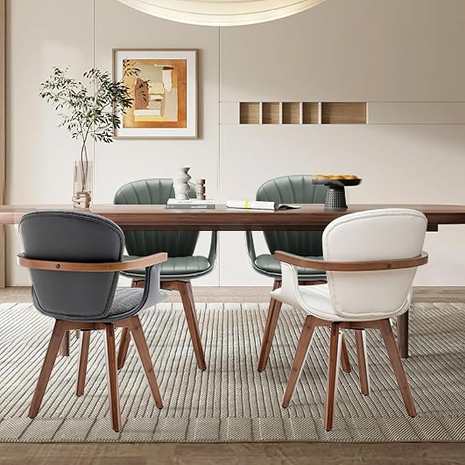 LUNLING Swivel Dining Chairs Set of 4, Mid Century Modern Black Faux Leather Kitchen Chairs with Arms,Bamboo Legs Side Chairs No Wheels,Accent Chair for Dining Rooms and Offices