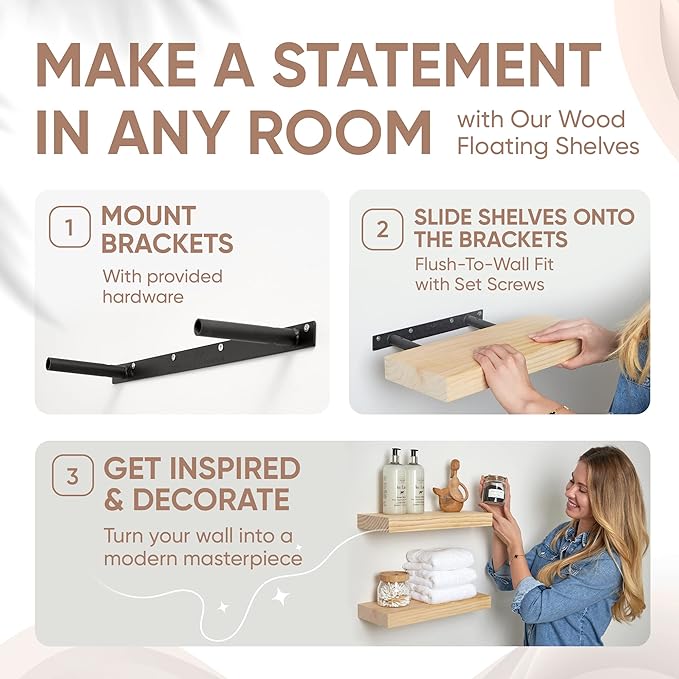 Homeforia Wood Floating Shelf 12 inch, High End Solid Natural Wood 12inch Floating Shelves for Wall Mounted, Unfinished Small Wooden Floating Shelves, Heavy Duty Bracket, 12 X 6.5 X 1.75 in, Set of 4