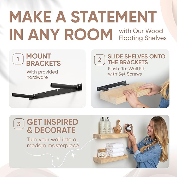 Homeforia 12 inch Natural Floating Shelf, High End Solid Real Wood 12inch Small Floating Shelves for Wall Mounted, Natural Wooden Floating Shelves, Heavy Duty Bracket, 12 X 6.5 X 1.75 in, Set of 2