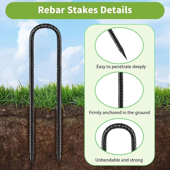 Ground-Stakes-Heavy-Duty-12 inch, U-Hook Rebar Stakes Black Coated Anti-Rust 10pcs Garden Stakes Metal Ground Anchors for Garden Dog Fence Chicken Coop Christmas Decorations Deer Fence