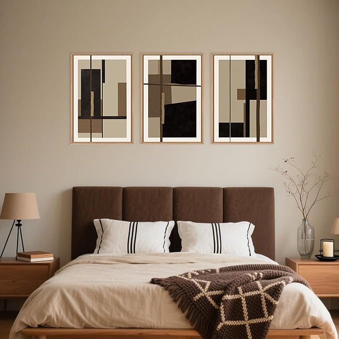 Abstract Shapes Framed Canvas Wall Art Set, Mid-Century Black Polygon Wall Decor, Black Brown Irregular Painting, Neutral Modern Art Print for Living Room, Dining Room, Office - 16"x24"x3