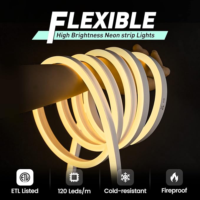 GZBtech Flexible LED Neon Rope Lights 66FT,AC 110-120V Waterproof Strip Light, 120 LEDs/M Cuttable Connectable Neon Lighting for Indoor Outdoor Home Decor/Commercial Building Use-Warm White 20M