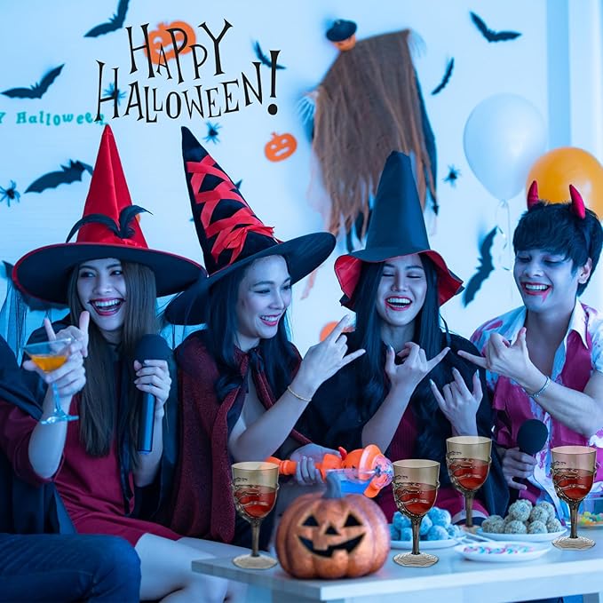 Dandat 12 Pcs Halloween Skeleton Hand Goblets 12oz Clear Plastic Halloween Cups Skull Wine Glass Set for Creepy Spooky Party Decorations (Black)