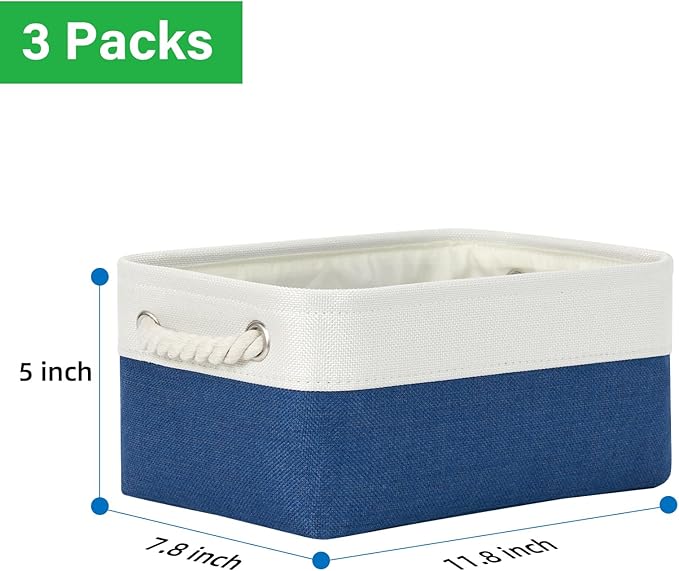 Bidtakay Small Storage Baskets for Shelves 3 Pack Fabric Storage Bins for Organizing Linen Collapsible Organizer for Closet-White&Blue