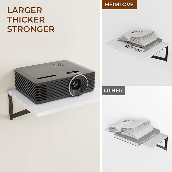 Heimlove 24" W x 12" D Wall Shelves for Books, 12 Inch Deep Floating Shelves Set of 3, Wide Floating Bookshelf with Metal Bracket for Living Room, Kitchen, Office, Bedroom and Decor Storage - White