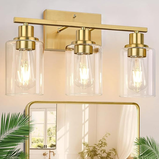 3-Light Vanity Lights with Clear Glass Shades, Brushed Gold Bathroom Light Fixtures Over Mirror, Modern Bathroom Wall Lamp for Mirror Living Room Cabinet Bedroom Porch