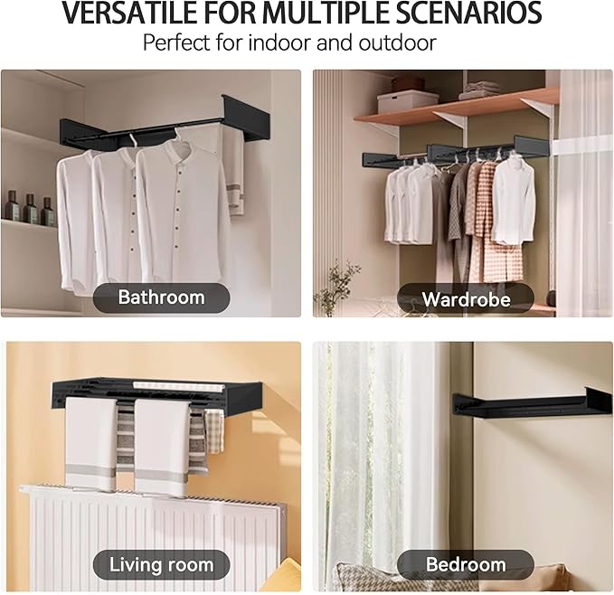 FOCHIER F Laundry Drying Rack Wall Mounted Clothes Drying Rack Collapsible with 5 Aluminum Rods and Drilling Template Long Screwdriver Bit 60 lbs Capacity (Black, 23.6“)