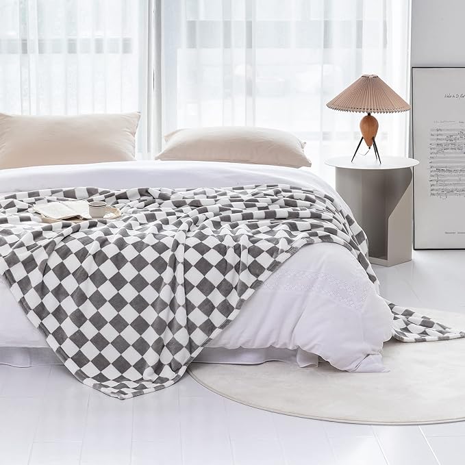 LOMAO Throw Blankets Flannel Blanket with Checkerboard Grid Pattern Soft Throw Blanket for Couch, Bed, Sofa Luxurious Warm and Cozy for All Seasons (Grey, 60"x80")