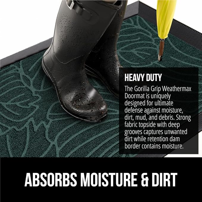 GORILLA GRIP 100% Waterproof All-Season WeatherMax Doormat 35x23, US Designed Natural Rubber, Stain and Fade Resistant, Low Profile Indoor Outdoor Door Mats, Easy Clean Patio Mat, Green Palm