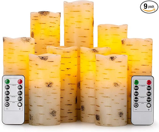 Flameless Flickering LED Candles with Birch Bark Effect - Set of 9 Battery-Operated Real Wax Pillar Candles with 10-Key Remote Control - 2/4/6/8 Hour Timer