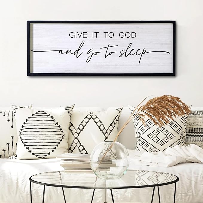 Give It to God and Go to Sleep Decorative Rustic Sign & Plaque Framed Wall Art for Couples, 40''×15'' Cottagecore Wooden Horizontal Wall Decor Above Bed, Vintage Farmhouse Wedding Gift for Bedroom