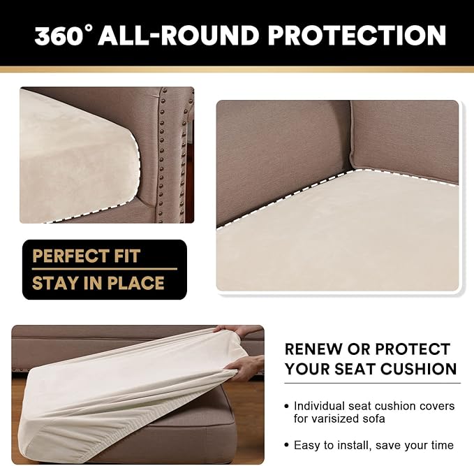 PrinceDeco Velvet Couch Cushion Cover Stretch Sofa Seat Covers Washable Cushion Slipcover for Chair Love Seat Sofa Cushion Furniture Protector Seat Cushion Sofa Cover (Each Width Up to 29.5", Ivory)