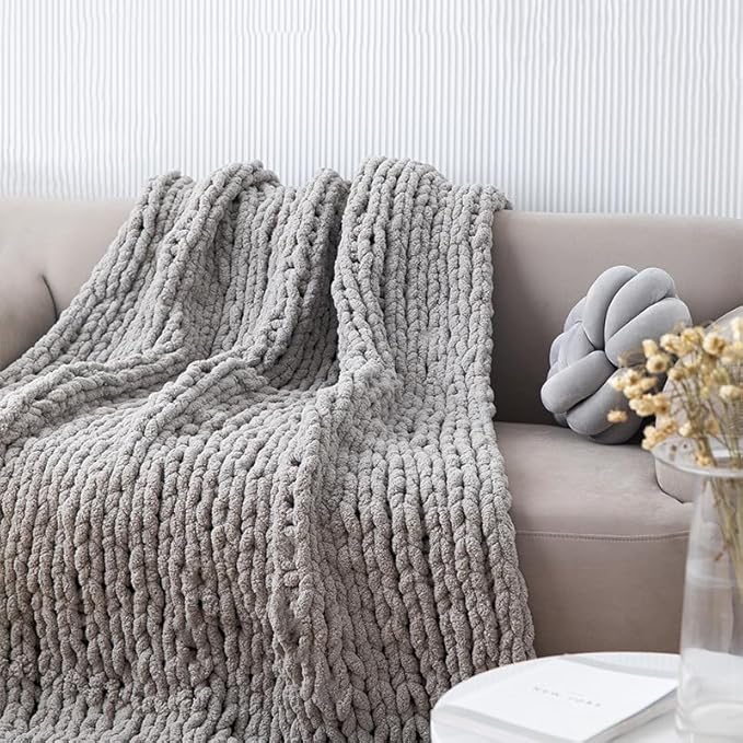 Chunky Knit Blanket Throw 40"×40", Hand Knitted Warm Chenille Throw Blanket, Home Decor Soft Thick Yarn Cable Knit Blanket, Soft Breathable Fleece Banket Christmas for Couch Bed Sofa Best Gift (Gray)