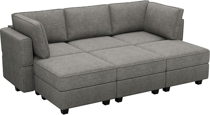 Belffin Terry Fabric Modular Sectional Sleeper Sofa Bed with Storage Convertible Sectional Couches for Living Room 6 Seaters Light Grey Modular Sofa