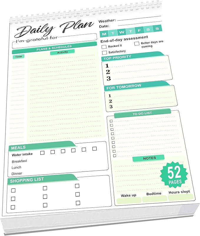 Daily Plan Notepad, 52 Sheets 8.5" X 11.5" Daily for To-Do Lists, Habit Tracking, Academic Scheduling, and Productivity Goals - Perfect for Work, Home, and Office Organization - Turquoise Style