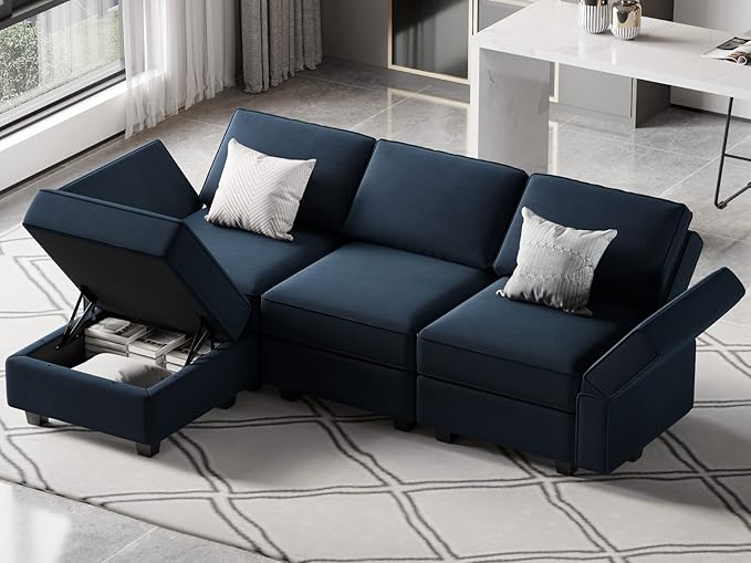 Belffin Convertible Sectional Sofa with Chaise Velvet L Shaped Sofa Couch Modular Sectional Sofa with Storage Blue