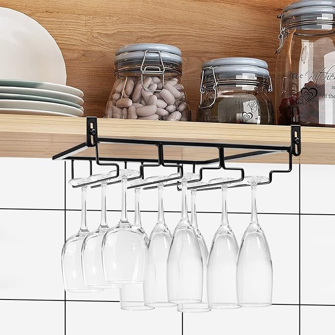 AUHOKY 2Pcs Adjustable Wine Glass Rack Under Cabinet, Punch-Free 3 Rows Stemware Metal Holder, Hanging Glass Storage Hanger Organizer for Shelf Kitchen Bar Decor (3 Rows, Black)