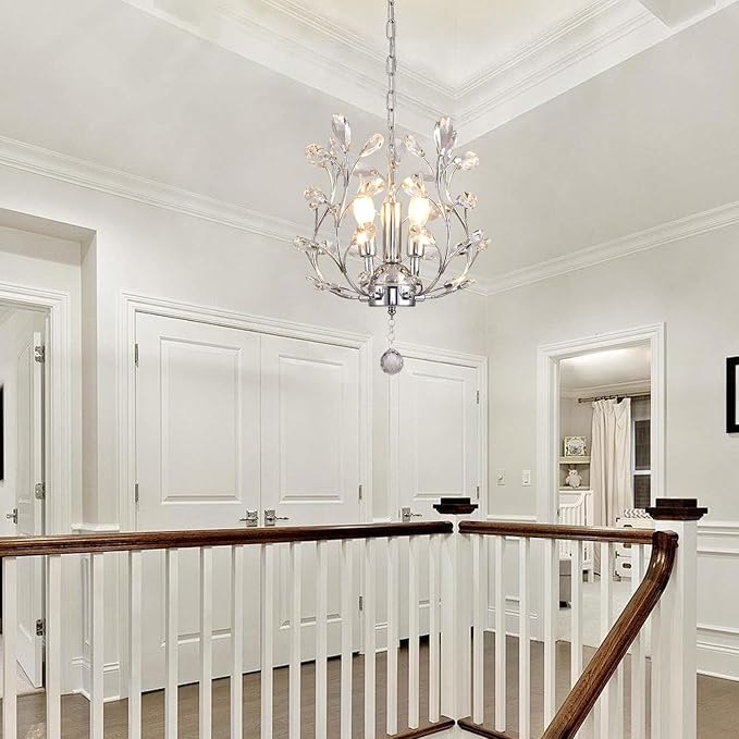 Ganeed 3-Light Branch Crystal Chandelier, Small Flush Mount Vintage Pendant Hanging Lighting, K9 Crystal Farmhouse Ceiling Light for Dining Room Bedroom Living Room Kitchen Hallway, Chrome Silvery