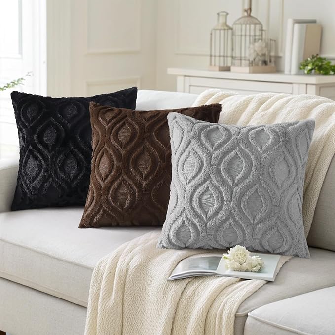 decorUhome Fall Throw Pillow Covers 22x22 Inch Set of 2, Soft Plush Decorative Faux Fur Black Solid Couch Pillow Covers, Accent Farmhouse Neutral Square Euro Pillow Cases for Sofa Bed Living Room