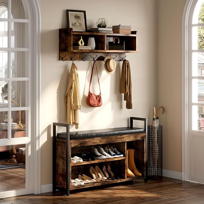 YITAHOME Coat Rack Shoe Bench Set, Wall Coat Rack with Shoe Storage, Industrial Entryway Shoe Bench with Coat Rack, 2 Storage Cubbies with Lip Top for Entryway, Hallway, Rustic Brown