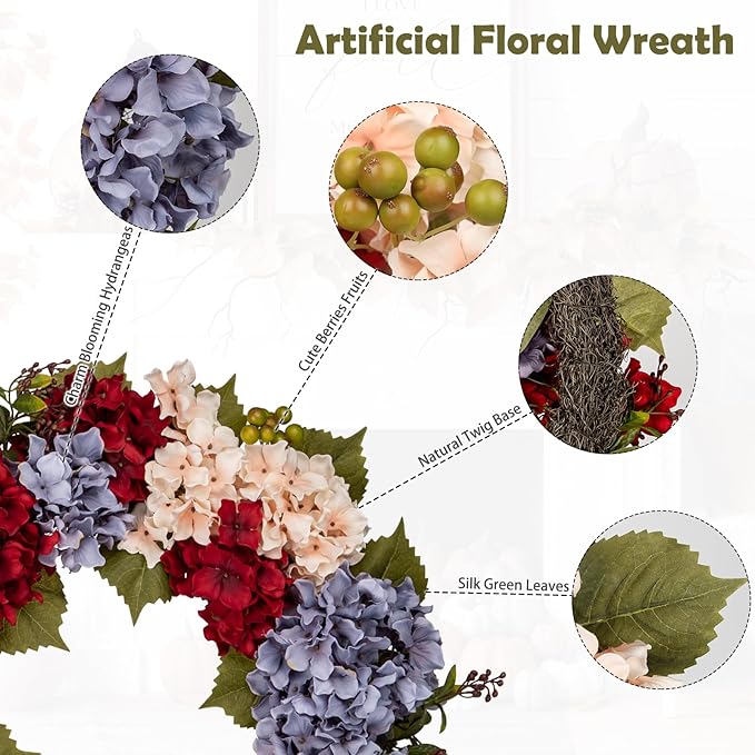 Fall Wreaths for Front Door, 24 inch Autumn Wreath with Hydrangeas Berries Large Fall Door Wreath Artificial Hydrangea Flowers Wreaths Autumn Decorations for Farmhouse Thanksgiving Harvest Door Wall