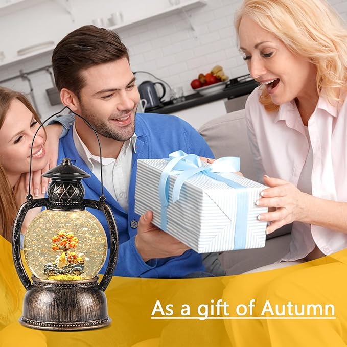 Fall Snow Globes, Blue Truck Pumpkin and Gnome Scene Snow Globes, Glittering Lantern with Timer, Snow Globe Lantern USB or Battery Powered for Fall Festival Thanksgiving Day Decor