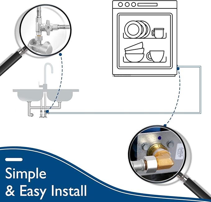 Dishwasher Installation Kit - 6 FT Stainless Steel Braided Dishwasher Hose kit,Food Grade PEX Inner Tube Water Line with 3/8"x 3/8"x 3/8" Tee Stop Valve,3/8"x 3/8"MIP Elbow,3/8"x 3/4"FHT Elbow