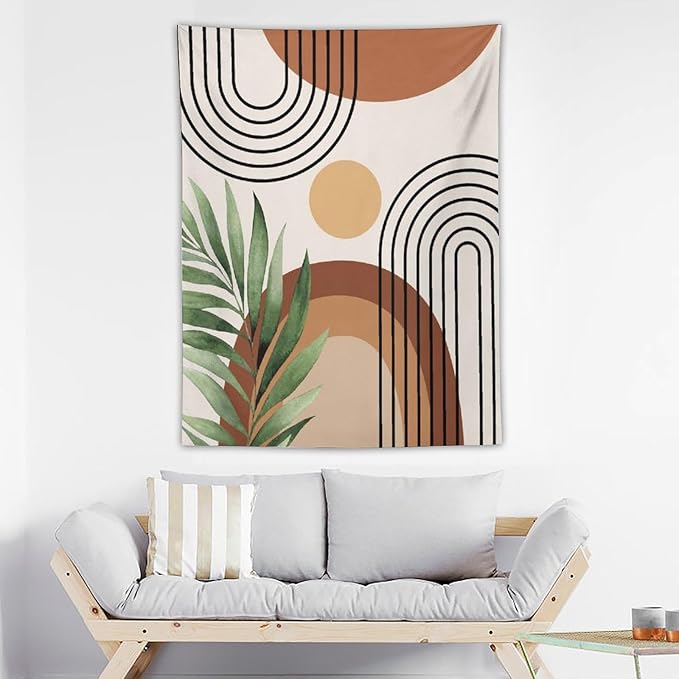 Abstract Bohemian Mid Century Tapestry, Tropical Leaves Modern Geometric Archway Minimalist Bohemian Botanical Aesthetic Wall Hanging, Sage Green Gold Home Decor Art for Bedroom 60x80 Inch