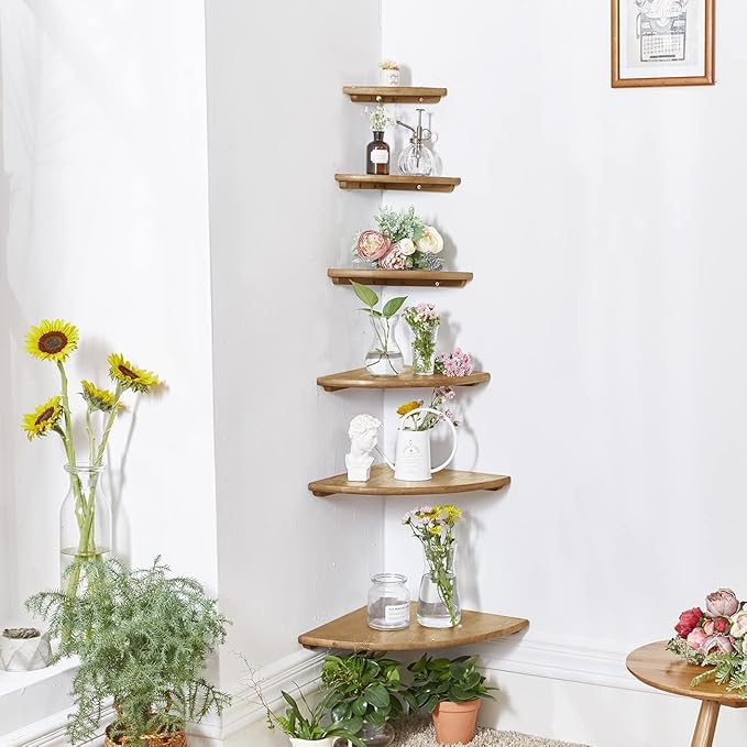 Corner Shelf,16inch Natural Oak Solid Wood Floating Corner Shelves Wall Mount Round End Floating Speaker Rack with Wire Hole for Small Plant for Bedroom Kitchen, Living Room