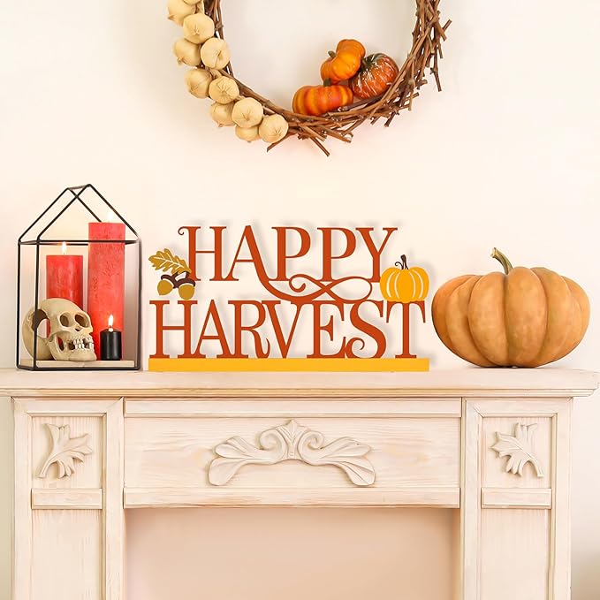 COCHIE Metal Happy Harvest Sign, Orange Fall Decorations for Home, Office, Shelf, Mantel, Indoor, Autumn Pumpkin Decoration, Hello Fall Leave Decor (Harvest)