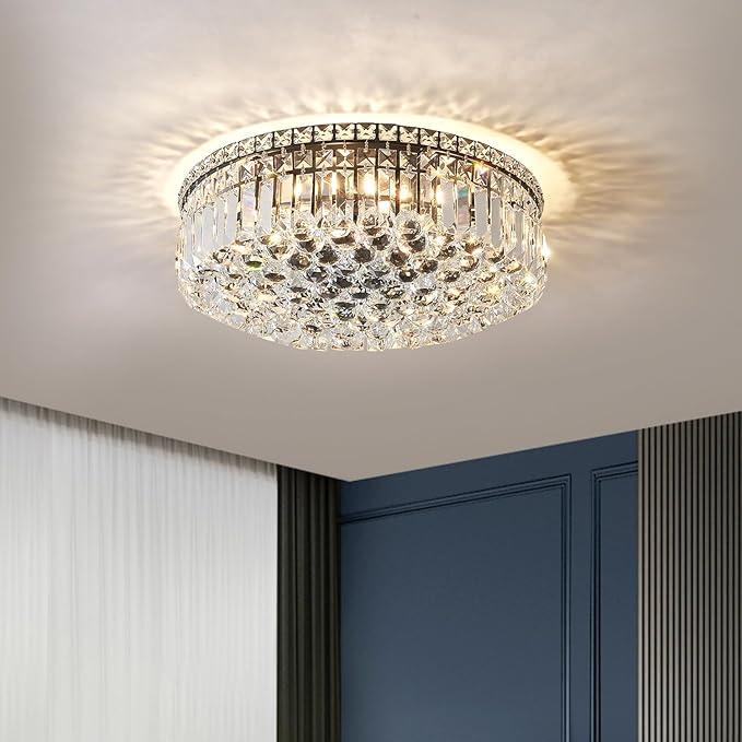 6-Lights Black Crystal Flush Mount Chandelier Light Fixture K9 Crystals Modern Ceiling Lights Elegant Pendant Lamp for Bedroom,Hallway,Bar,Living Room,Dining Room,H5.9 xW20 (Bulbs Not Included)