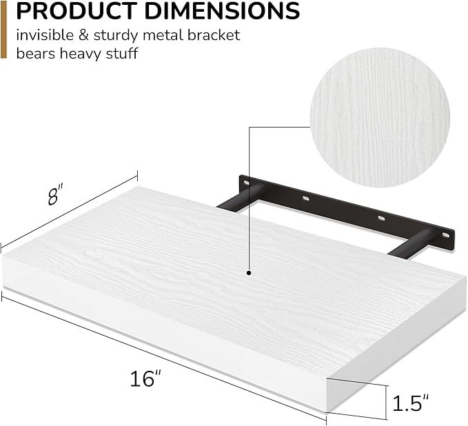 Fun Memories 16 Inch Floating Shelves - Deep Rustic White Wooden Wall Shelves - Extra Deeper & Thicker Wall Mounted Storage Shelf for Bedroom, Kitchen, Farmhouse - 2 Pack, Rustic White
