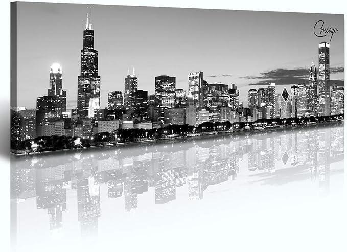 DJSYLIFE Chicago Skyline Wall Art - Black and White Modern Panoramic Cityscape Night View Picture Painting Bedroom Office Living Room Kitchen Home Decoration - Ready to Hang 13.8 "x 47.3" - Chicago 2