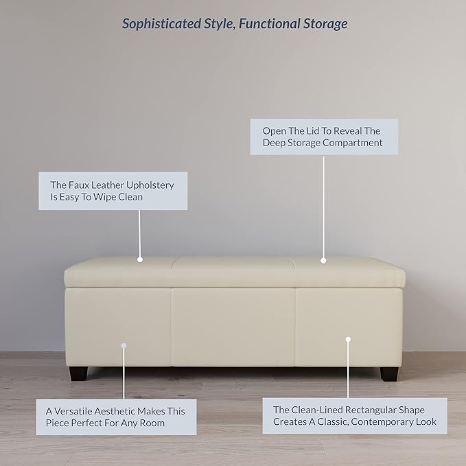 BELLEZE 47 Inch Storage Ottoman, Faux Leather Storage Bench Bedroom Bench with Safety Close Hinge, Ottoman with Storage for Living Room, Entryway, Hallway, Foot Rest, Support 300lbs - Cream