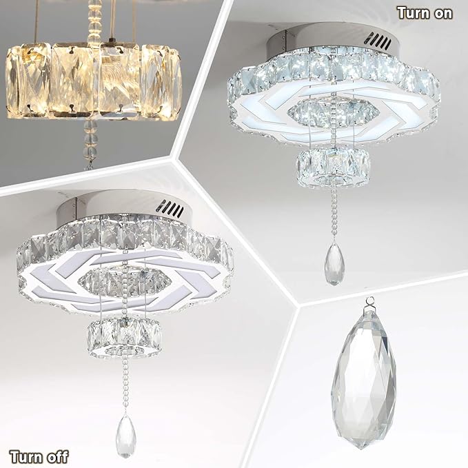 Flashing God 16 Inch Mini Chandelier Modern Crystal Chandeliers Light Semi Flush Mount Ceiling Light Fixture Small Silver Chandelier for Bedroom Hallway Kitchen Foyer