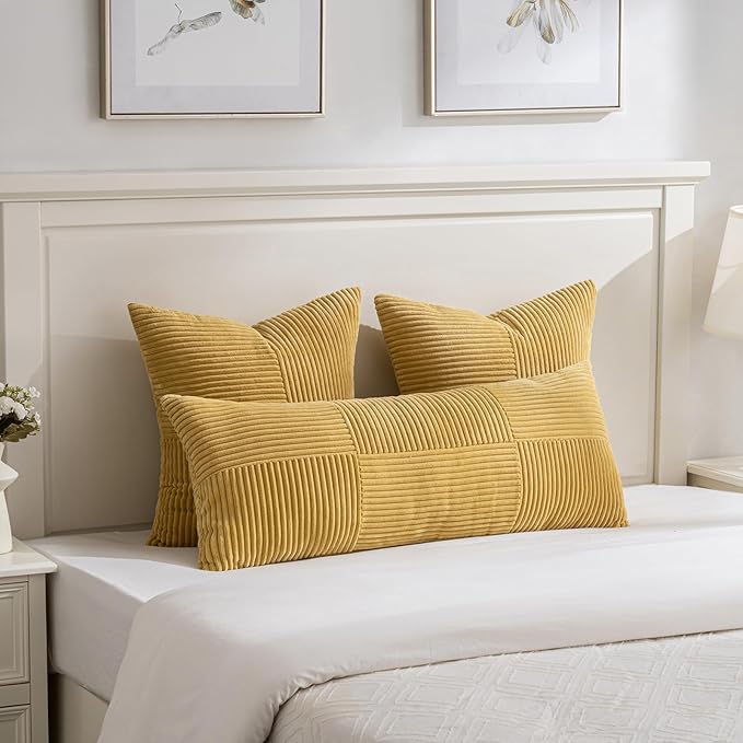 Fancy Homi 2 Packs Mustard Yellow Decorative Throw Pillow Covers 20x20 Inch for Living Room Couch Bed Sofa, Farmhouse Boho Home Decor, Soft Corss Corduroy Patchwork Accent Square Cushion Case 50x50 cm