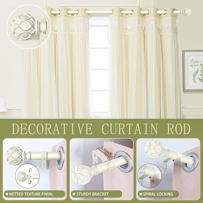 White Farmhouse Curtain Rods for Windows:Heavy Duty Adjustable Curtain Rod for Bedroom Living Room,Boho Decorative Rustic Drapery Rods with Vintage Coastal Finials,Antique White 2 Pack 66-120"