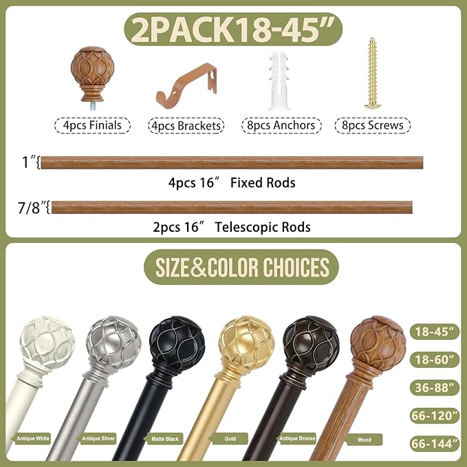 2 Pack Wood Curtain Rods for Windows 28 to 48 Inch(2.3-4Ft),1 Inch Adjustable Curtain Rod,Heavy Duty Curtain Rods,Wooden Netted Texture Drapery Rods,Single Window Curtain Rod 18-45",Brown Wood