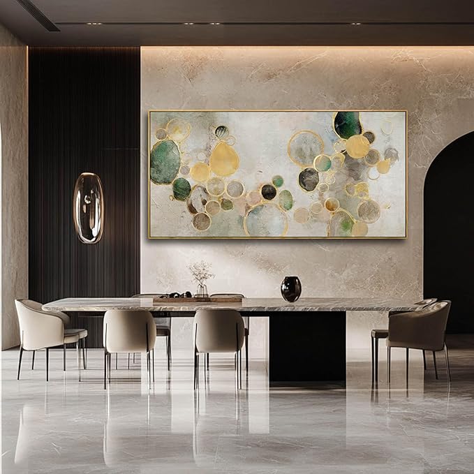 Abstract Canvas Wall Art Gold Circle Painting Green Artwork Framed Wall Prints 29"x 58" Office Wall Decor Colorful Pictures for Living Room Bedroom