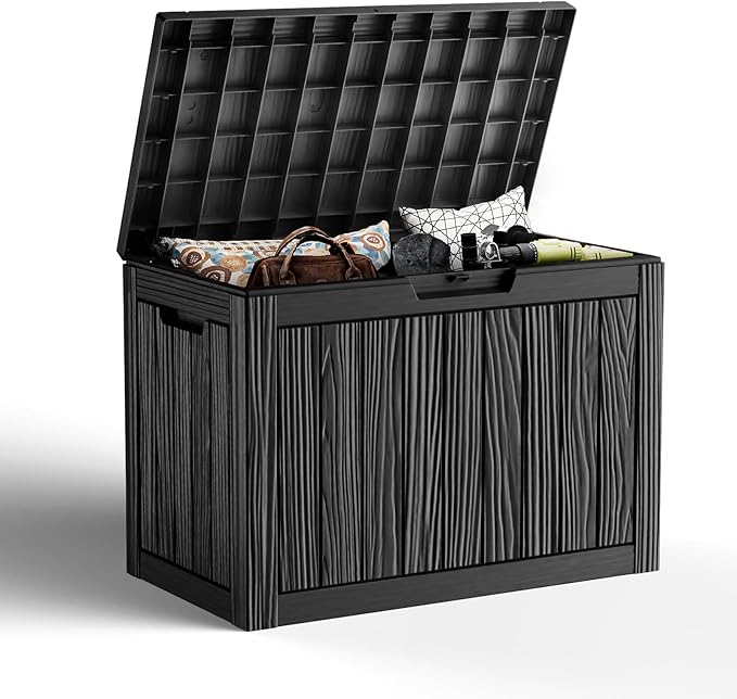 45 Gallon Resin Deck Box, Lockable Outdoor Storage Box for Patio Cushions Storage Furniture,Garden Tools, Pool Supplies, Weatherproof and UV Resistant（Black）