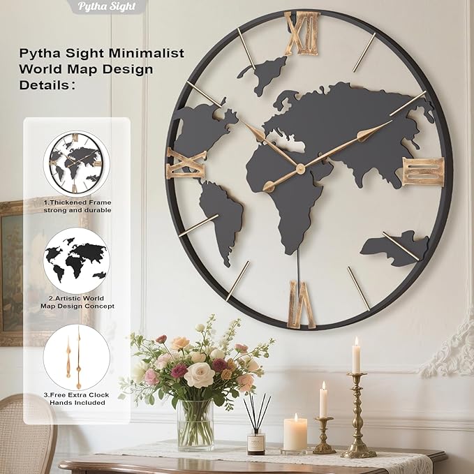 36 Inch Oversized Giant Extra Large Modern Decorative Metal World Map Wall Clock,Big Vintage Gold Roman Numeral Wall Clocks for Living Room,Entryway,Office,Fireplace,Dining Room